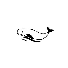 Whimsical whale illustration depicting a black minimalist sleek graphic of a whale above water, set against white.