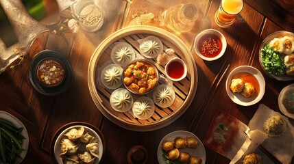 Chinese traditional dumplings vertical photography ornate atmosphere drinks hot sauce