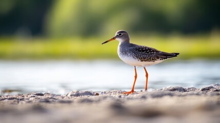 Shorebird - Redshank Tringa totanus on summer time warm light, migratory bird Poland Europe