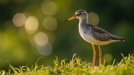 Shorebird - Redshank Tringa totanus on summer time warm light, migratory bird Poland Europe