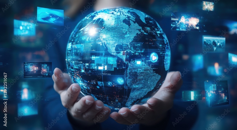 Poster a person holding up an illuminated globe, with multiple images of digital media and technology in th