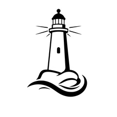 Lighthouse: black and white illustration of a lighthouse on waves, minimalist style.