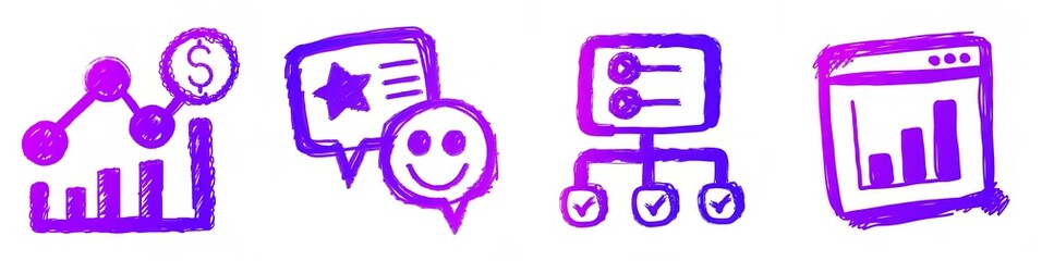Playful kids doodle of customer feedback with smiley face and star, data pipeline, ROI tracking and web analytics icon set for engaging design projects, white background