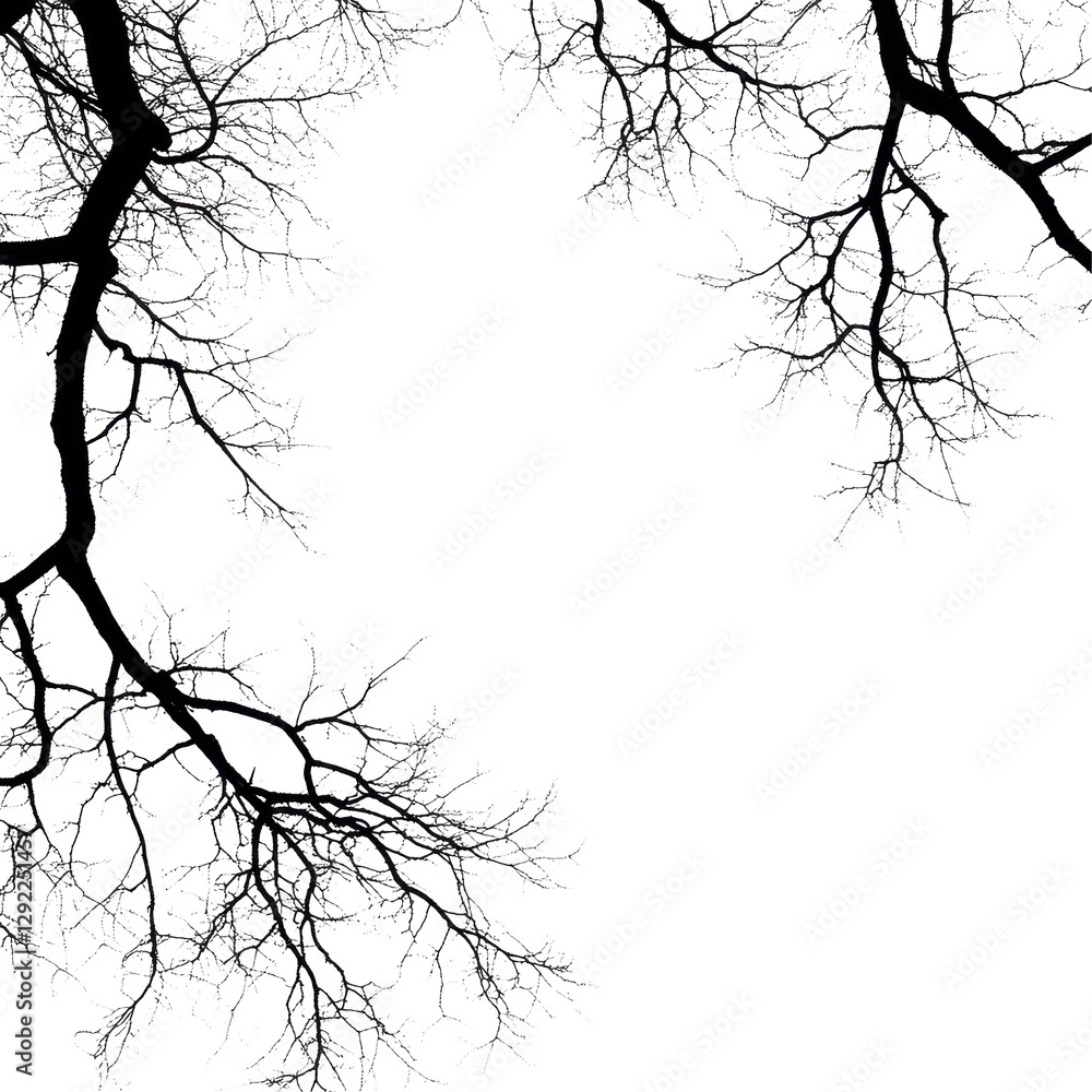 Poster silhouette of bare tree branches isolated on transparent background creating an artistic design, sil