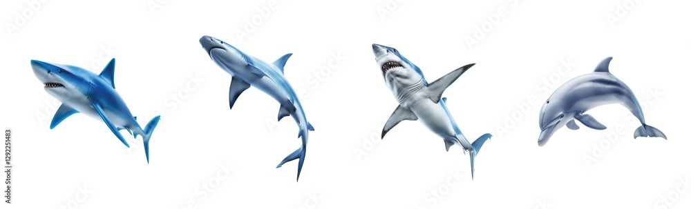 Poster different aquatic animals displaying unique poses and movements in various ocean environments