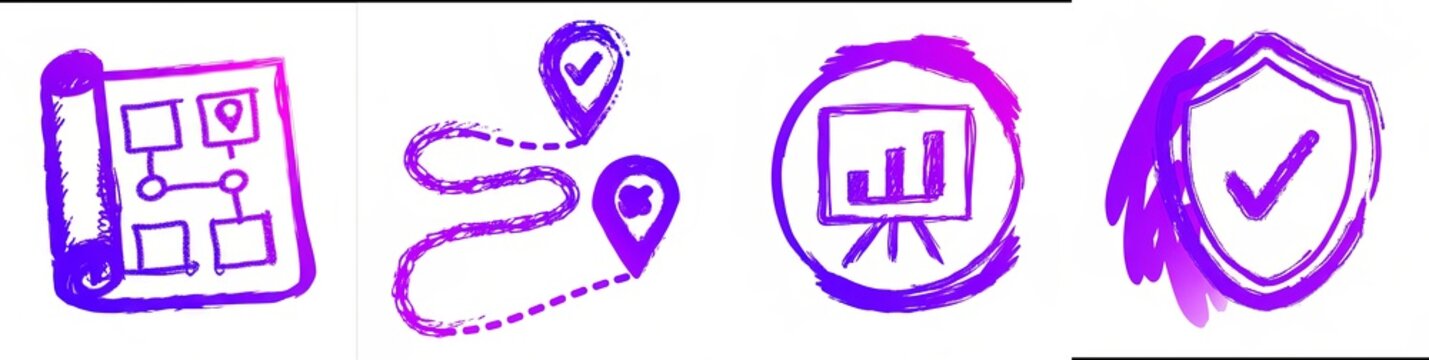 Creative business intelligence, product roadmap, risk management concept and guard icon doodle by kids, vibrant hand-drawn visualization for data insights, analytics and growth, white background