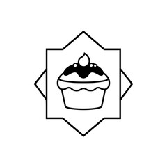 Black and white outline of a cupcake centered in a diamond shaped frame, with a simple line art style, background.