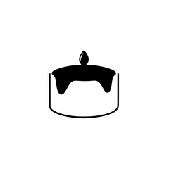 Monochrome illustration of a birthday cake with glossy topping and a single candle, against white background.