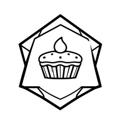 Cupcake Icon: Black & White, minimalist with cupcake and flame set within a geometric shape on a white background.