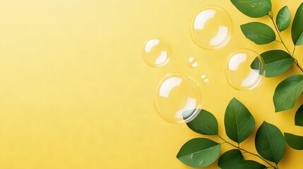   A group of soap bubbles resting on a green leafy branch against a yellow background and surrounded by water droplets