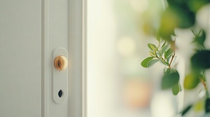 Obraz premium A zoomed-in image of a door handle with greenery in front and a window behind it
