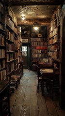 Obraz premium A vintage bookstore with old, leather-bound books lining the shelves, Nostalgic, Soft lighting
