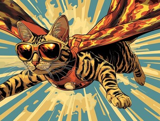 Superhero bengal cat wearing flame pattern cape and holographic sunglasses flying in a comic book style, action scene, comic text bubbles