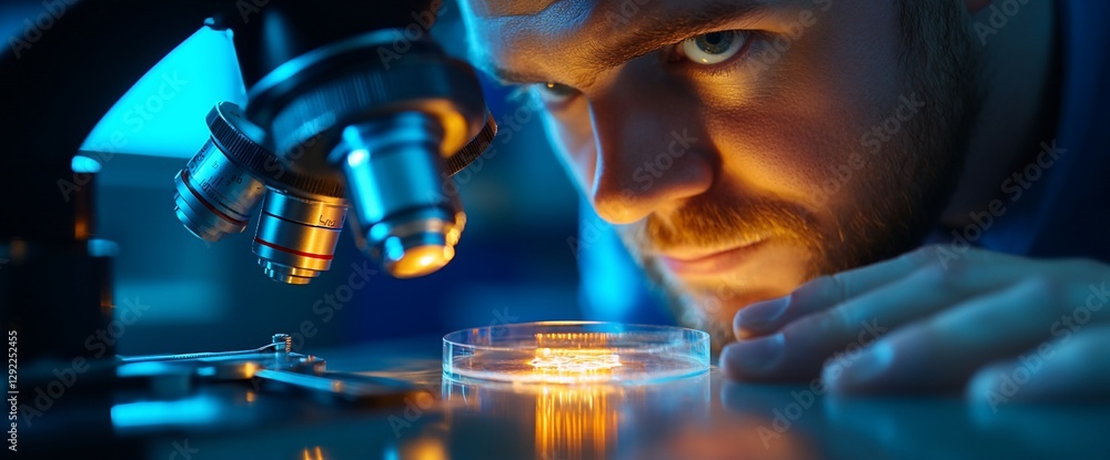 Poster scientist examining sample under microscope in lab