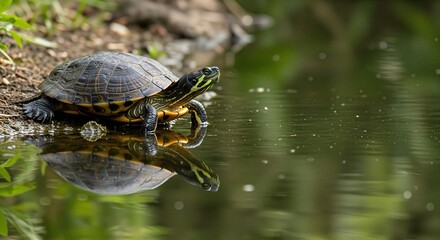 Fototapeta premium Turtle on the shore observing its reflection in serene water, surrounded by lush greenery and a tranquil atmosphere