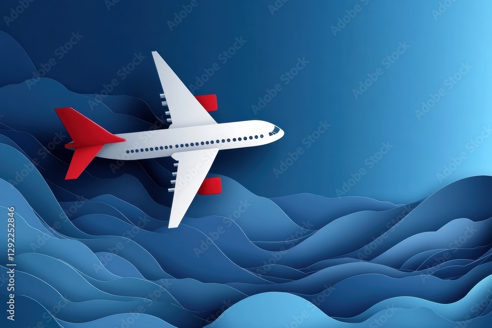 Poster airplane flying above stylized waves representing clouds in a blue sky environment. generative ai