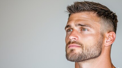 Obraz premium Pensive man, profile view, neutral background, copy space