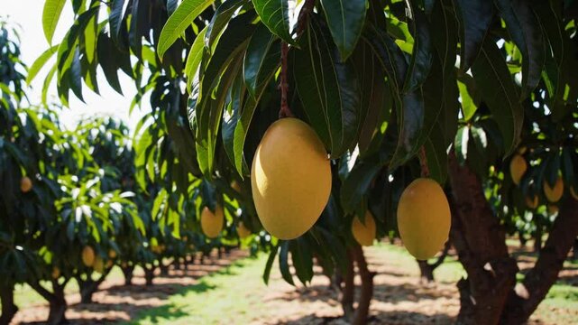 A close-up view of ripe golden mangoes hanging from lush green branches in a well-maintained orchard, bathed in sunlight, with rows of mango trees extending into the background