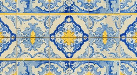 Ornate Decorative Tiles Blue Yellow Floral Design Traditional Pattern