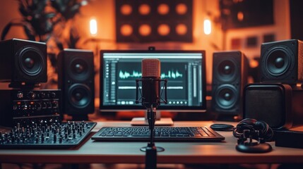 Home studio recording setup with microphone, speakers, and computer