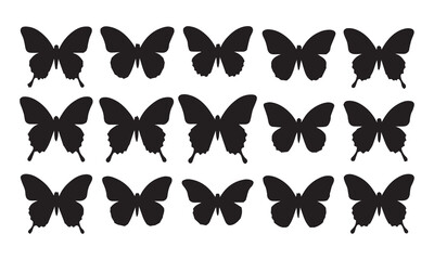"Set of 16 Black Butterfly Silhouettes – Elegant Vector Illustration on Transparent Background"