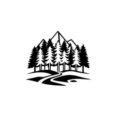 Obraz premium Black & White Forest Mountainscape: Illustration featuring fir trees, a winding path, and a minimalist mountain silhouette.