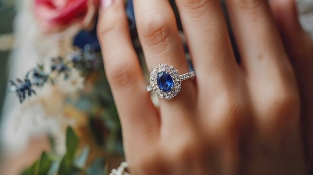 Anillo de plata con zafiro y diamantes en mano de mujer