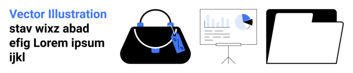 Handbag with price tag, bar and pie chart on presentation board, and folder icons. Ideal for retail, marketing, fashion, analytics, organization, data presentation flat landing page banner