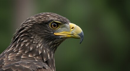 Obraz premium Majestic Sea Eagle profile with striking yellow beak and sharp eye convey strength and focus amid a blurred green background