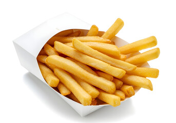Golden, crispy fries in a simple white container against a white background.