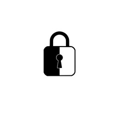 Square-shaped padlock, divided vertically in black and white, a simplified illustration on a white background.