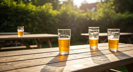 Glasses of golden beer reflecting sunlight on a rustic wooden table in a serene outdoor setting