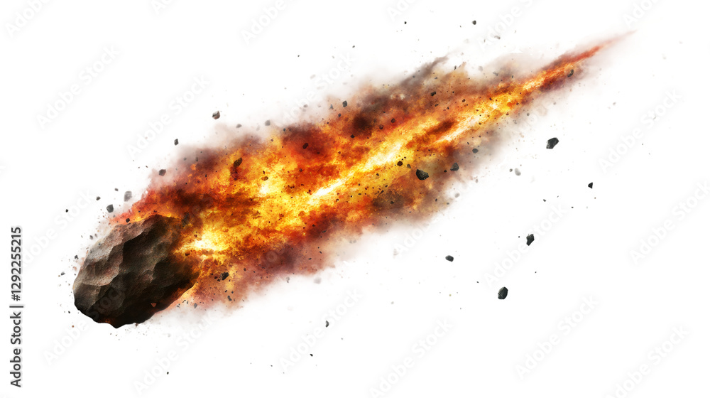 Poster fiery asteroid plummeting through space, generating intense luminous trail, symbolizing cosmic threa