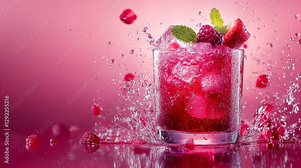 Poster refreshing raspberry drink with ice and mint, creating a vibrant pink splash.