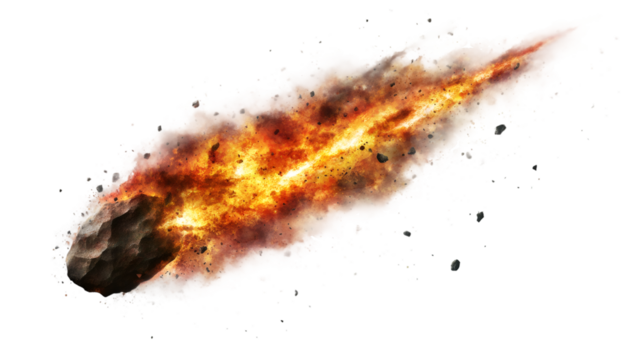 Fiery asteroid plummeting through space, generating intense luminous trail, symbolizing cosmic threat against stark translucent backdrop