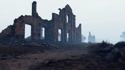 Obraz premium Surreal Landscape Blending Past and Present Ruins in Foggy Atmosphere, Cities in ruins after apocalypse concept.