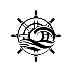 Nautical Illustration: A Black and White Steering Wheel with Waves and a Ship Wheel, Representing Navigation and Maritime Themes