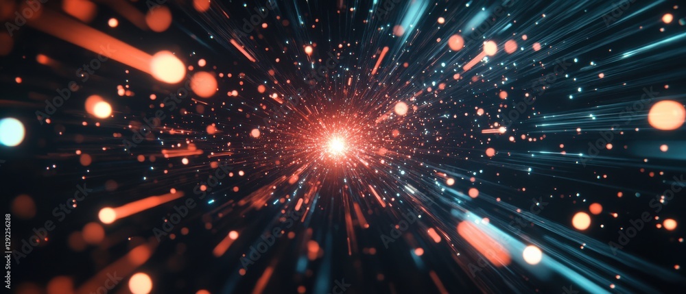 Poster abstract hyper speed light trails with glowing particles in dark space, concept of data stream, tech