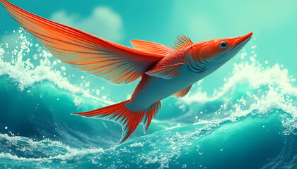 Fototapeta premium Flying Fish Soaring with Fantasy Above Waves, Fish with waves, Rosh Hashanah 