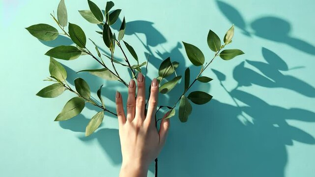 Hand holding a leaf. Hands with blue background and a plant. Palms and branches with shadows of palms and leaves. A leaf held in a lifestyle hand.
