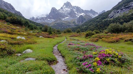 Mountain valley meadow stream autumn colors