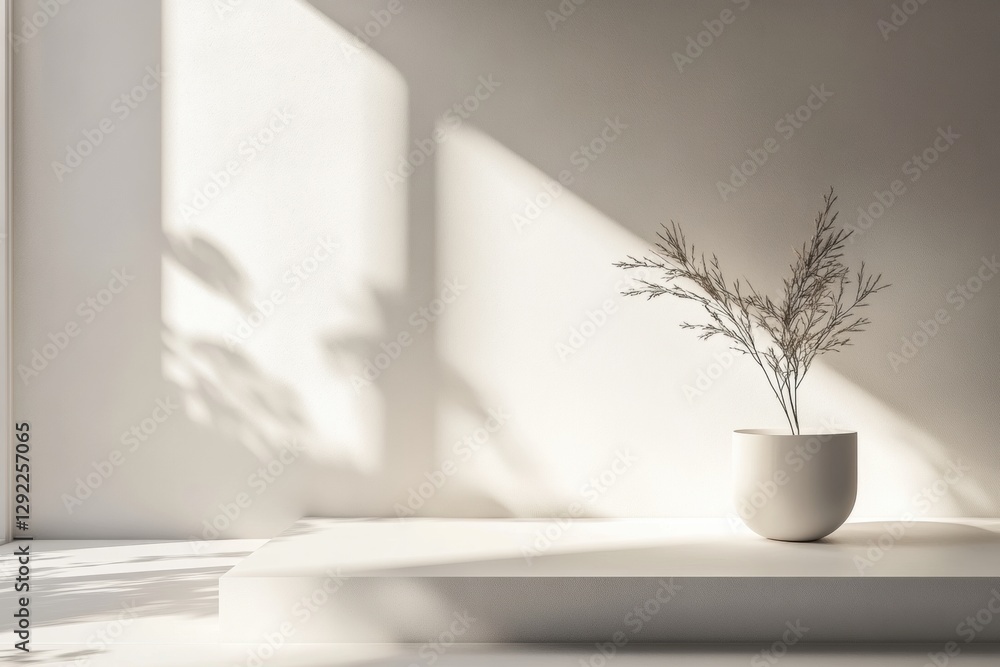 Poster minimalist interior with a potted plant in natural light highlighting shadows and simplicity. genera