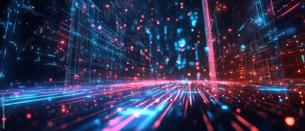 Poster abstract futuristic digital space with glowing neon lines and particles, representing data flow, art