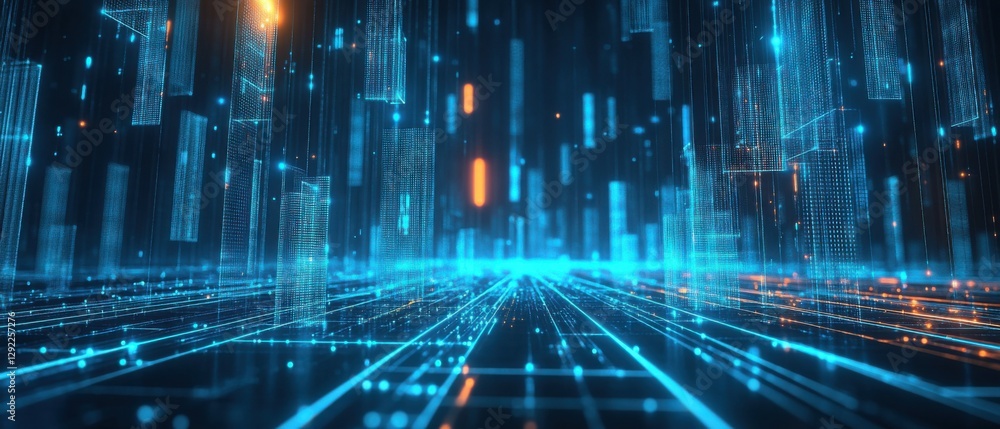 Poster abstract futuristic digital cityscape with glowing blue lines and data streams, representing advance