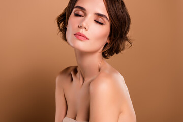 Photo of attractive girl lady feel close eyes isolated pastel color background