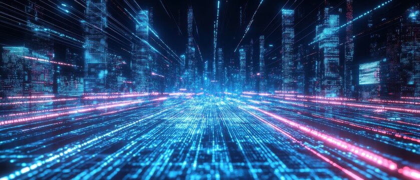 Futuristic digital cityscape with glowing data streams and neon lights, representing advanced technology and virtual reality in a cyberpunk environment