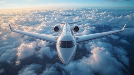 Realistic photo of White Luxury generic design private jet flying over the earth. Empty blue sky with white clouds at background. Business Travel Concept