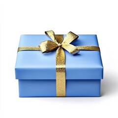 Obraz premium Charming Blue Gift Box Adorned with Sparkling Gold Ribbon, Elegant gift wrapped in gold concept.