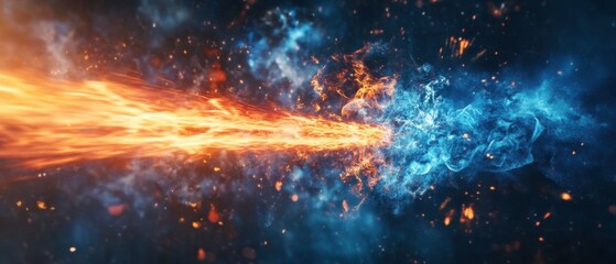 Fototapeta premium Abstract fire and ice energy clash background with dynamic sparks and smoke, representing conflict, power, and duality