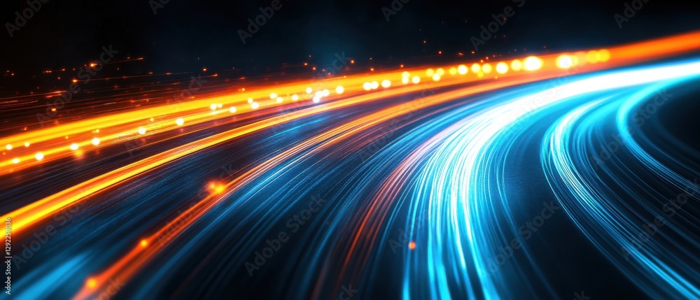 Poster abstract blue and orange light trails with motion blur, representing high speed data transfer and fu